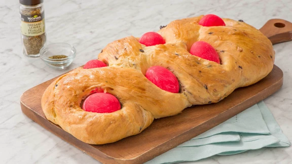 Greek Easter bread with red eggs
