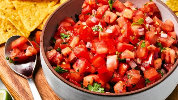 Fresh homemade pico de gallo salsa with diced tomatoes, onions, cilantro, and tortilla chips on wooden board.