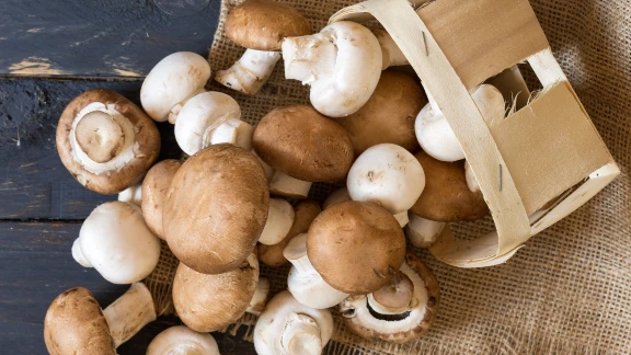 Fresh mushrooms in a wooden basket