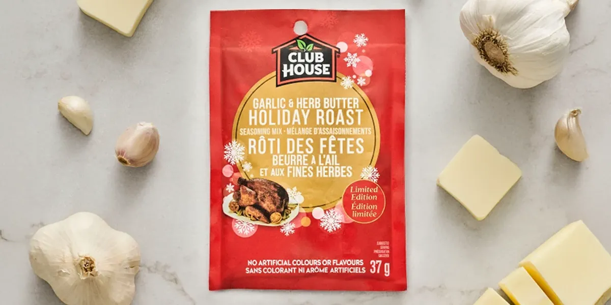 Club House Garlic & Herb Butter Holiday Roast Seasoning Mix 37g with garlic, butter, and seasoning ingredients