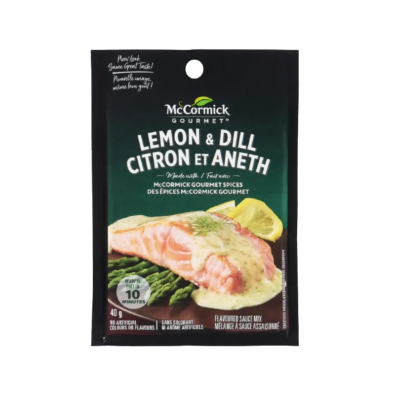 McCormick Gourmet Lemon and Dill sauce mix packet with salmon and asparagus