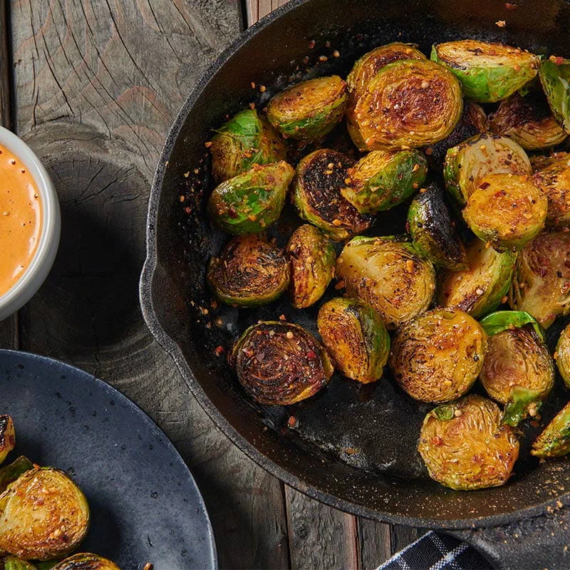 Smoked Applewood Brussels Sprouts with Red Pepper Dip