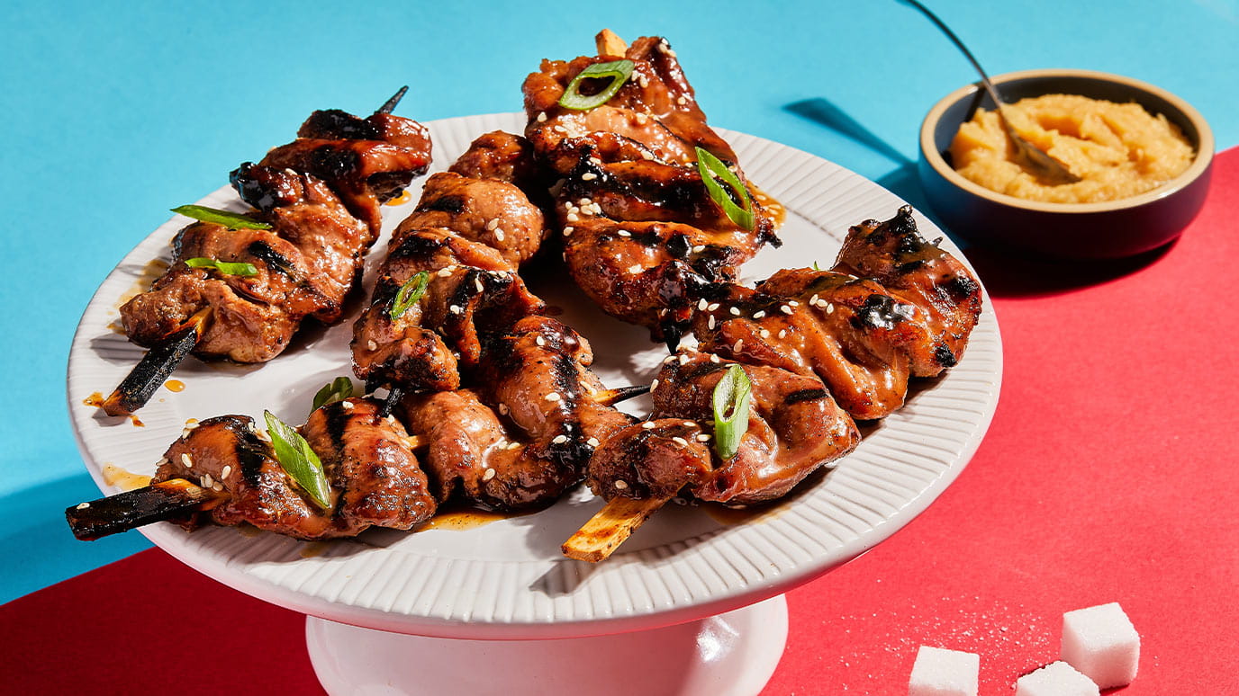 spiced miso caramel pork skewers