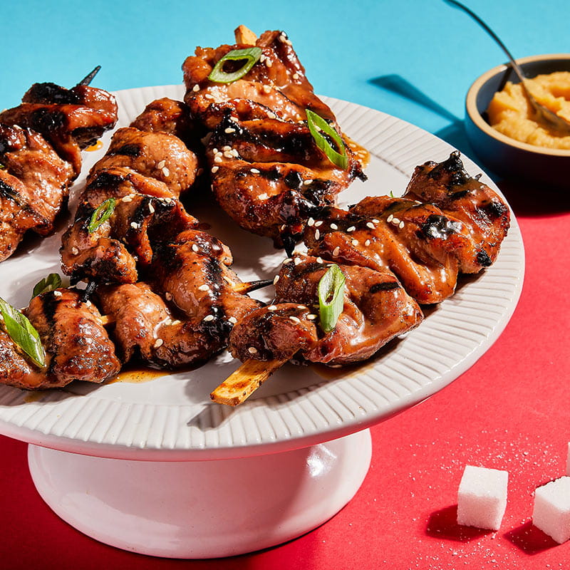 spiced miso caramel pork skewers