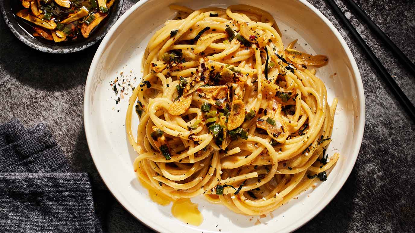 Furikake Bucatini with Spicy Garlic Chili Crisp