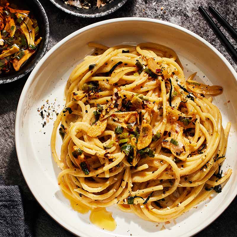 Furikake Bucatini with Spicy Garlic Chili Crisp